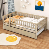 Wooden Twin Low Kids Bed with Twin Size Trundle and Rails