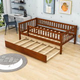 Wooden Twin Low Kids Bed with Twin Size Trundle and Rails