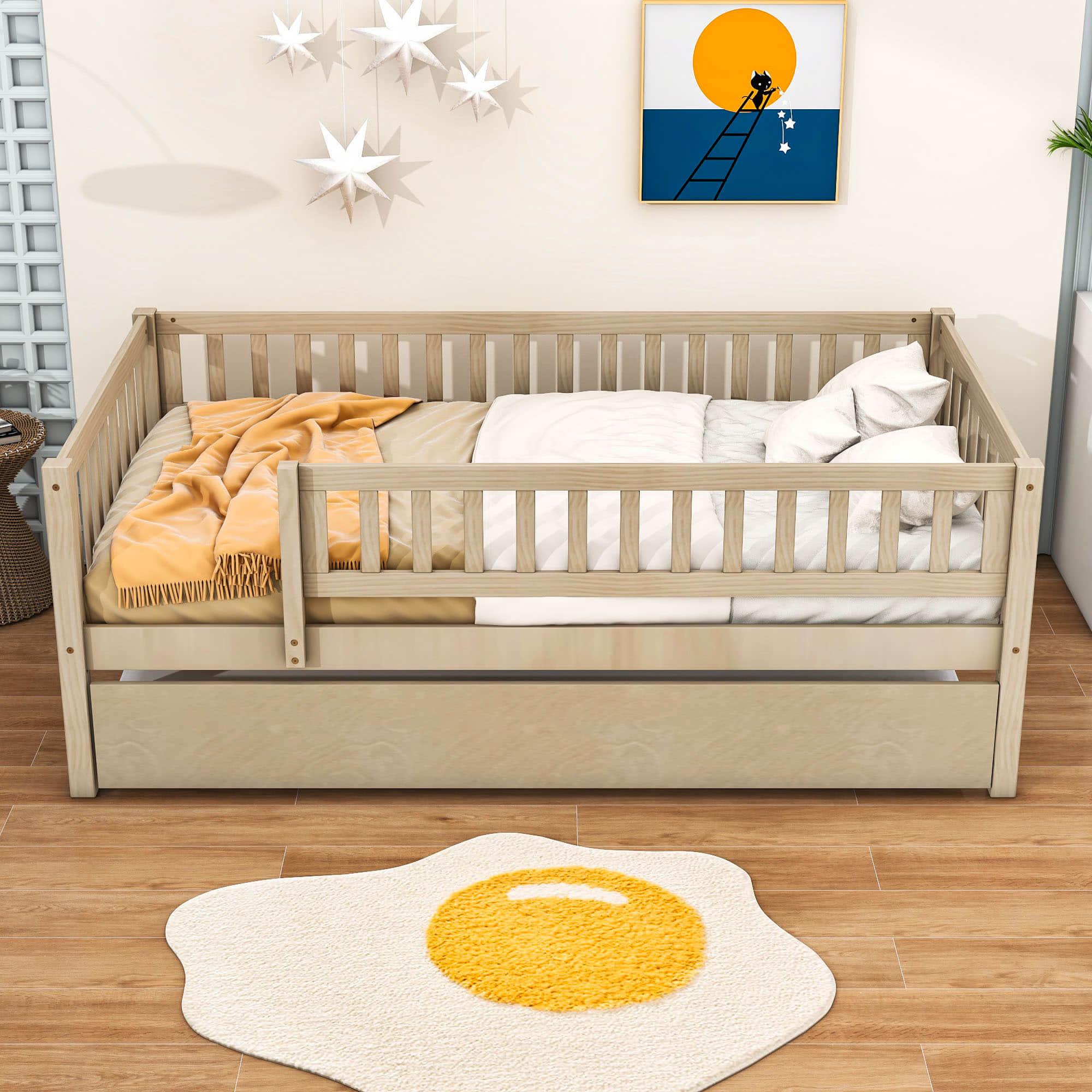 Wooden Twin Low Kids Bed with Twin Size Trundle and Rails