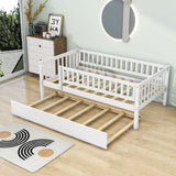 Wooden Twin Low Kids Bed with Twin Size Trundle and Rails