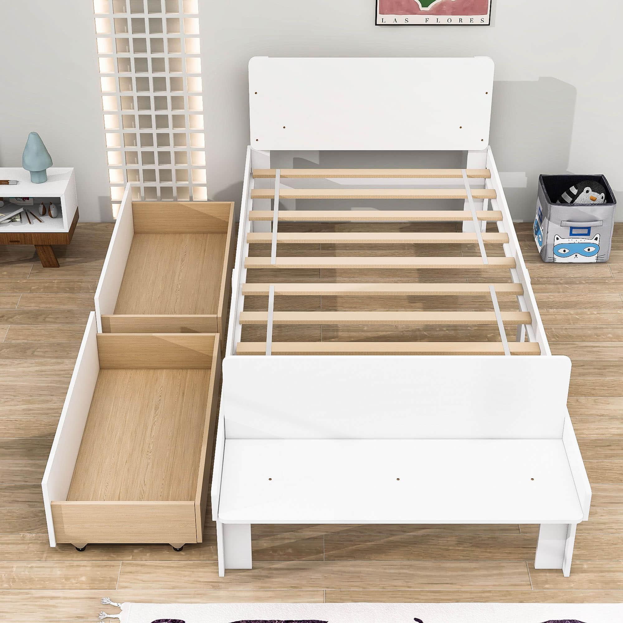 Twin Kids Bed Frame with Headboard and Footboard Bench, Storage