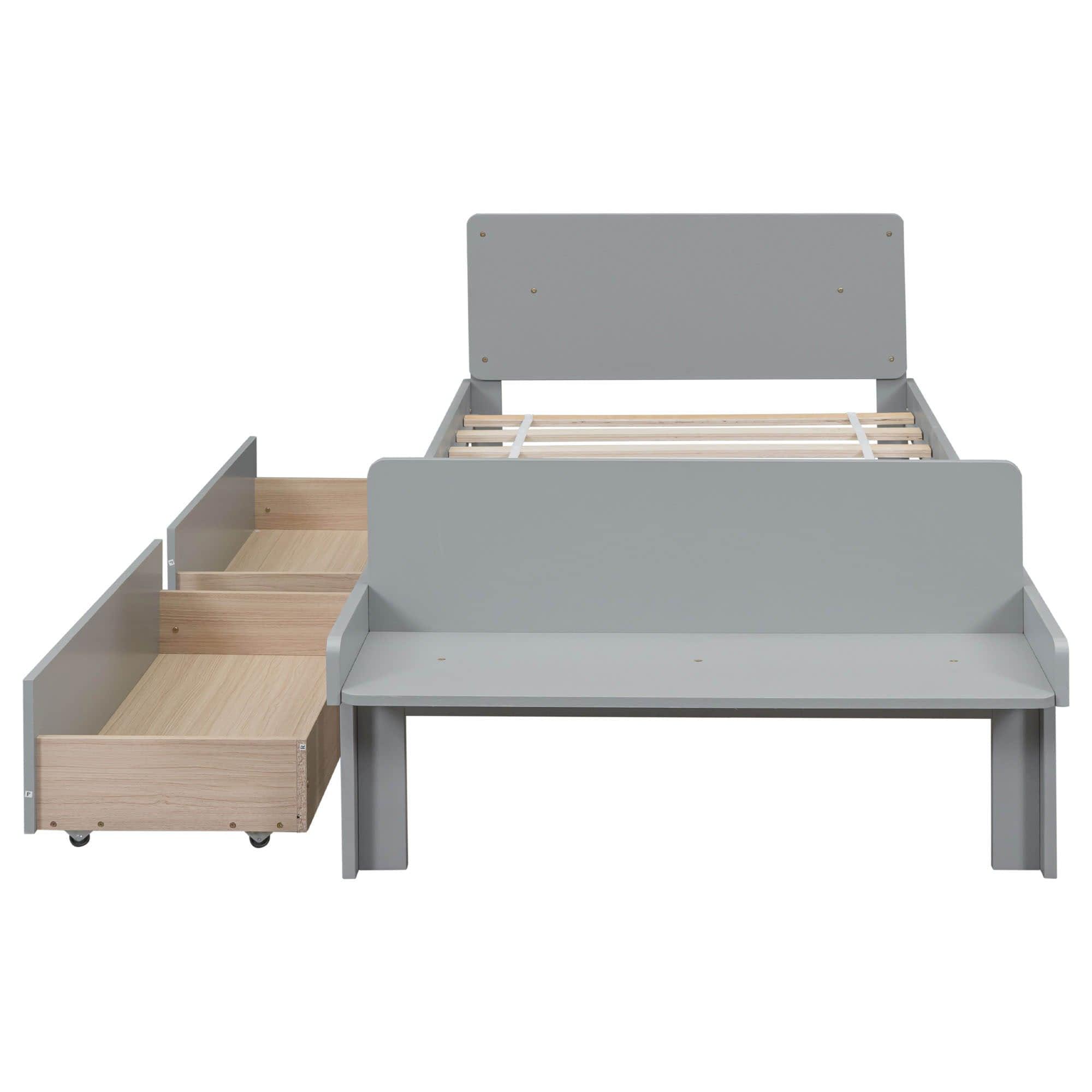 Twin Kids Bed Frame with Headboard and Footboard Bench, Storage