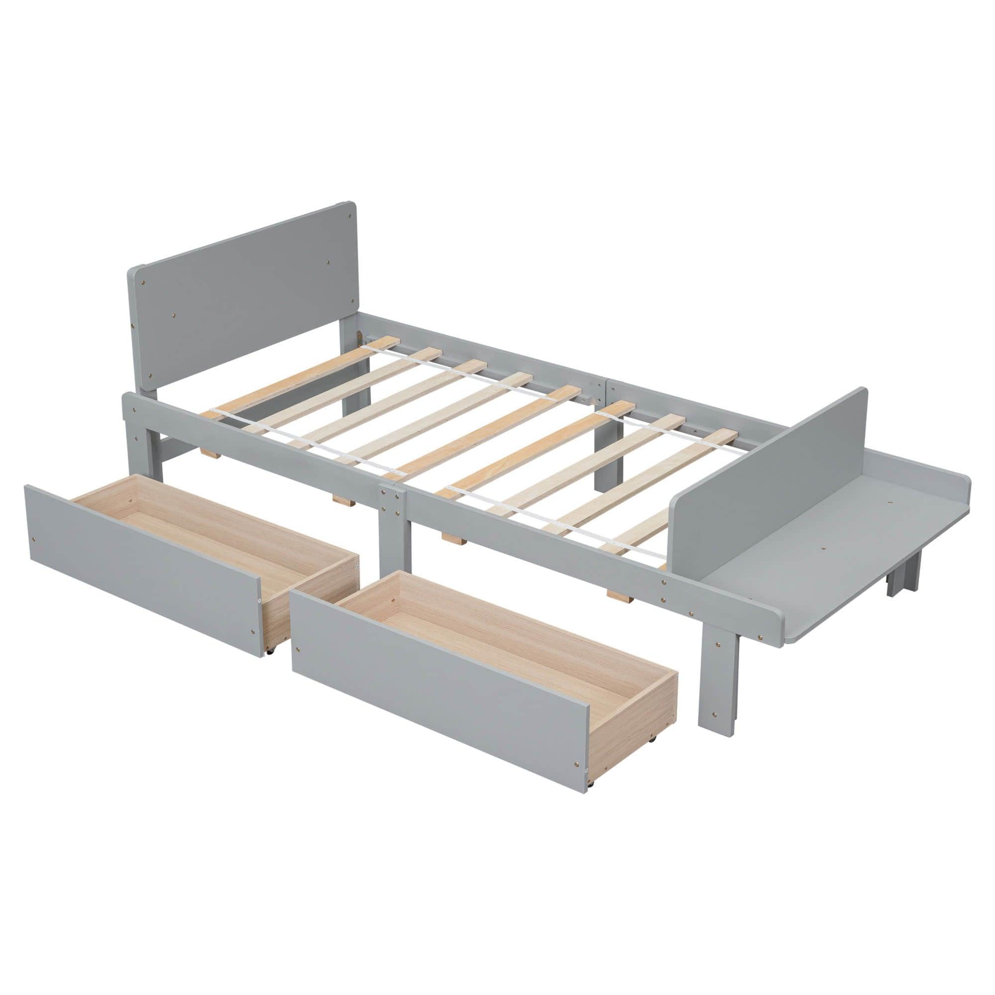 Twin Kids Bed Frame with Headboard and Footboard Bench, Storage