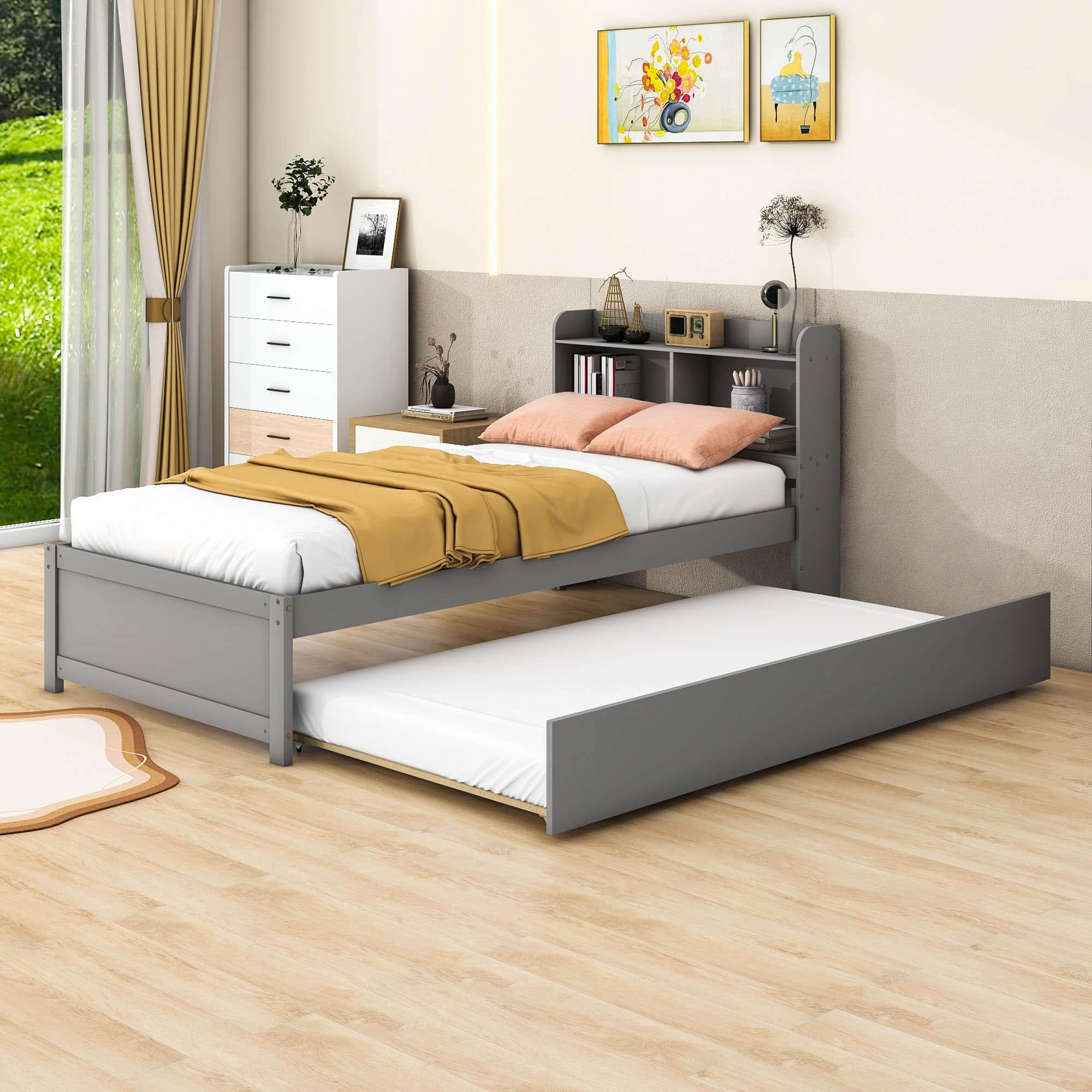 Wooden Twin Platform Bed with Twin Trundle Bed and Storage Headboard - [Shelves]