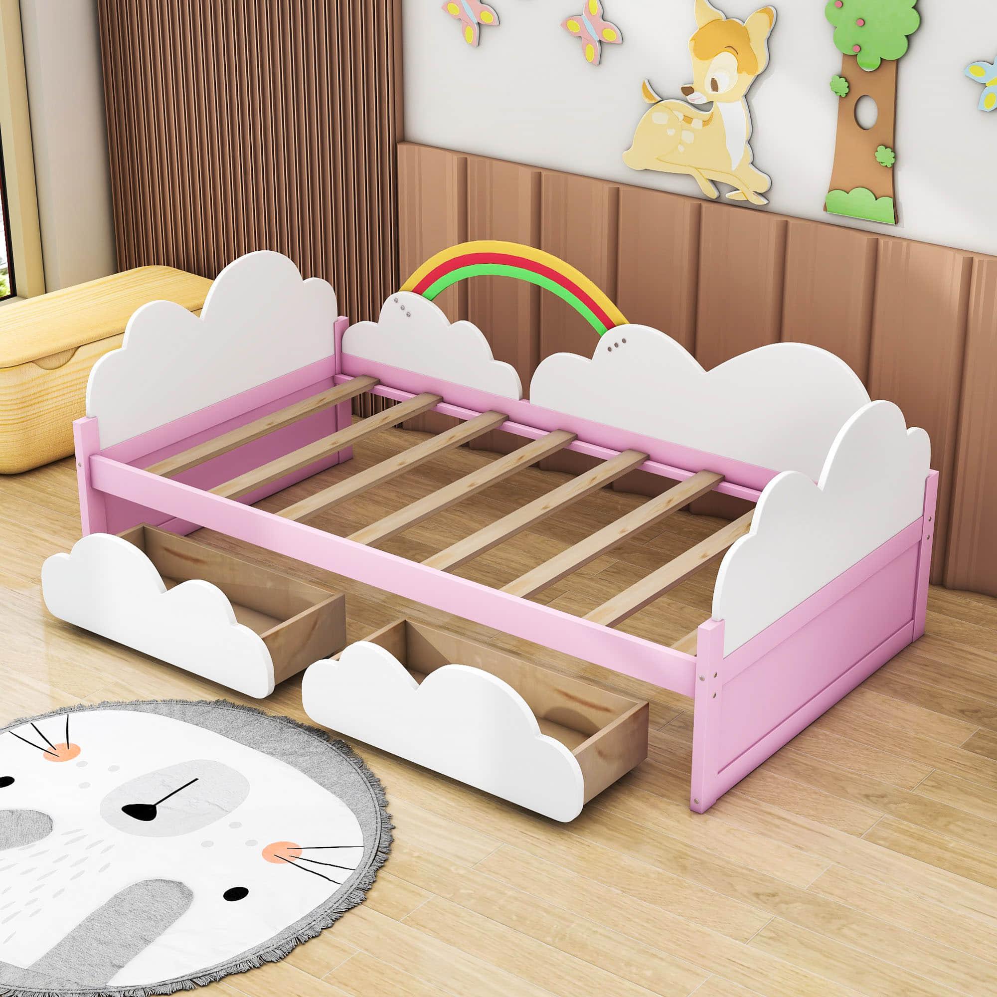 Wood Kids Twin Bed Frame with Under Bed Storage Drawers