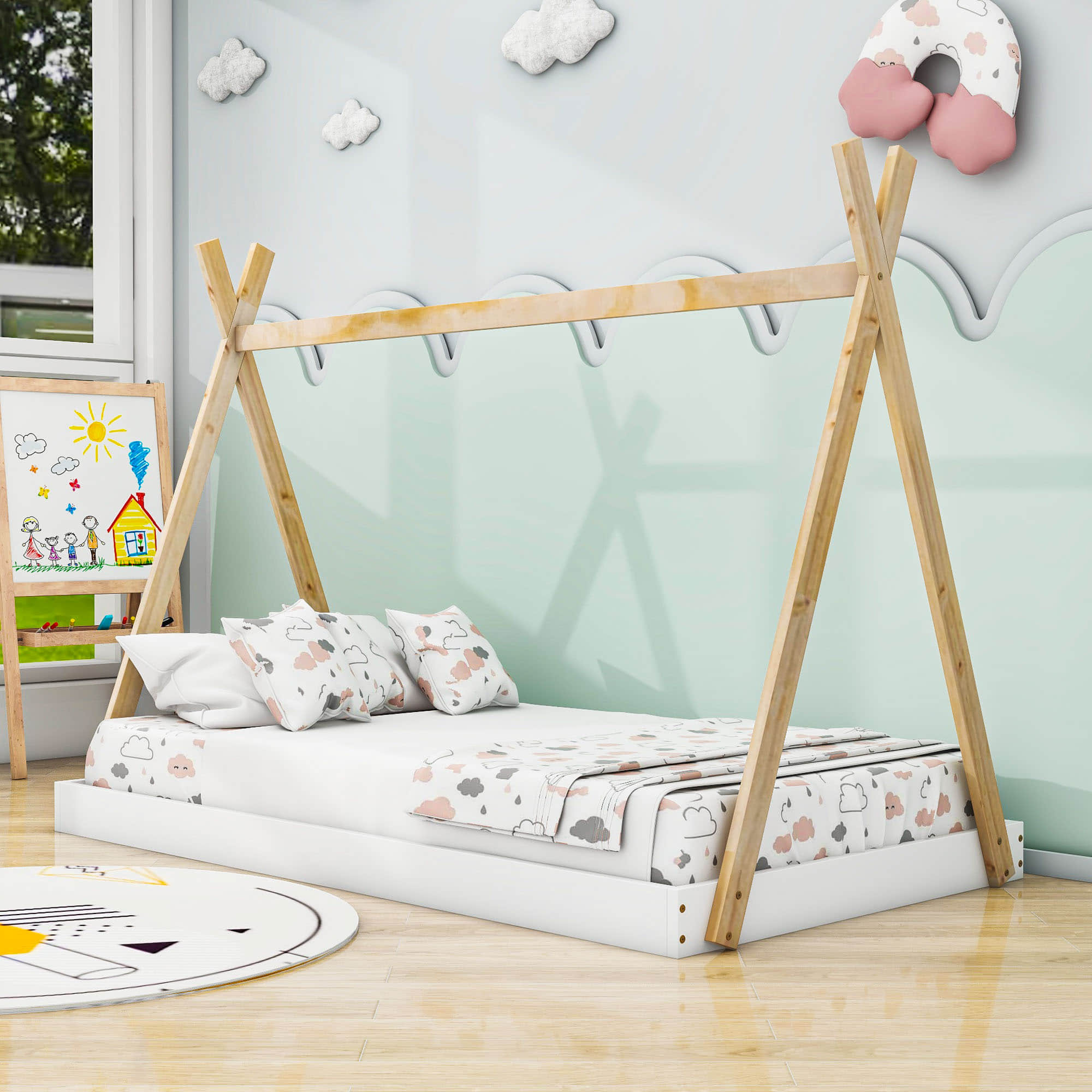 Kids Twin Tent Floor Bed for Toddler - [Montessori, Wooden, Teepee]