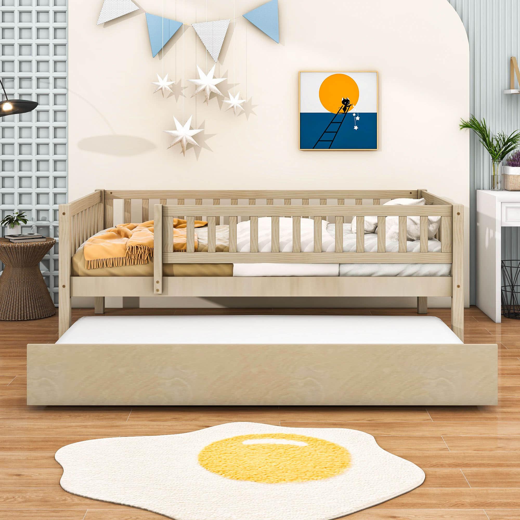 Wooden Twin Low Kids Bed with Twin Size Trundle and Rails