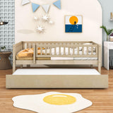 Wooden Twin Low Kids Bed with Twin Size Trundle and Rails