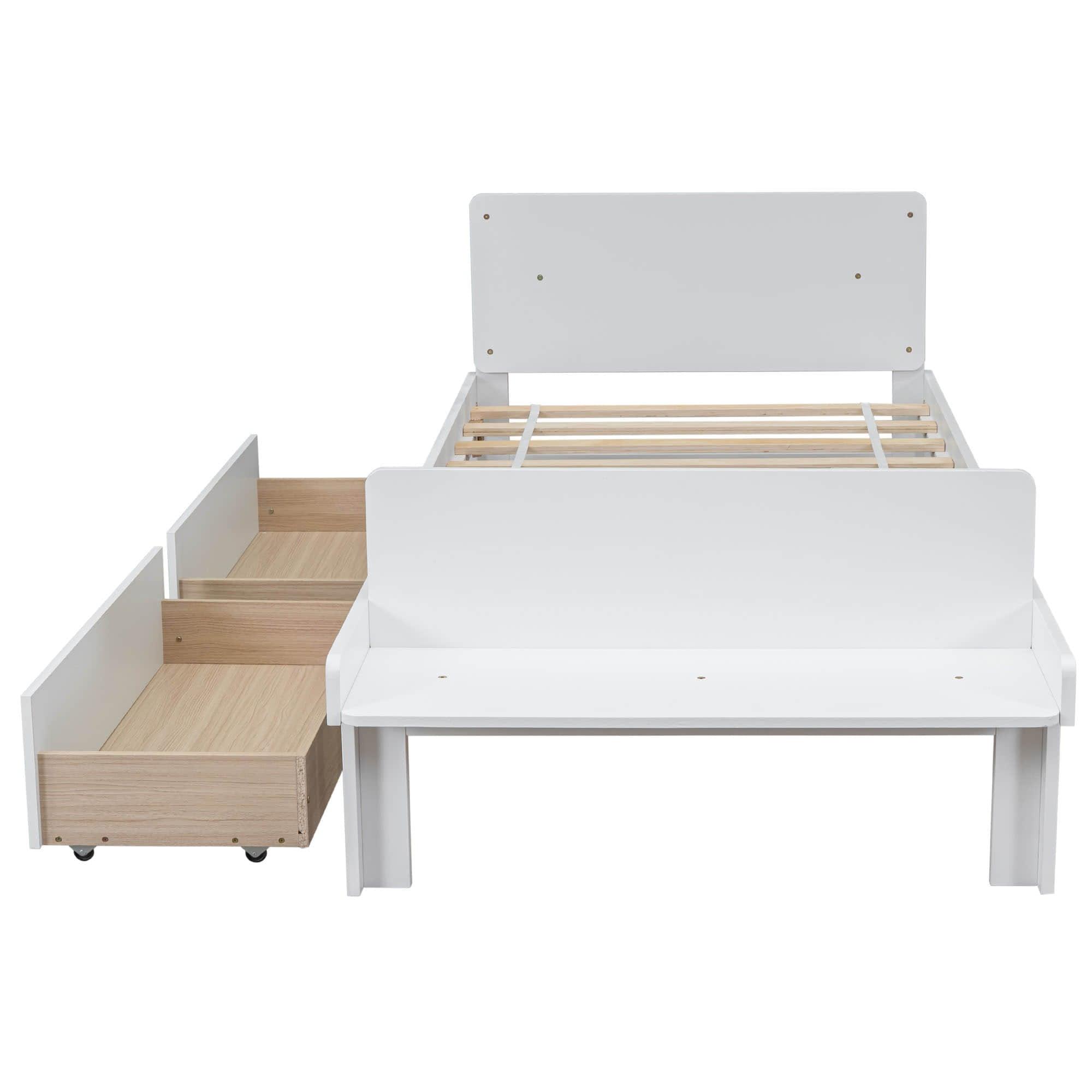 Twin Kids Bed Frame with Headboard and Footboard Bench, Storage