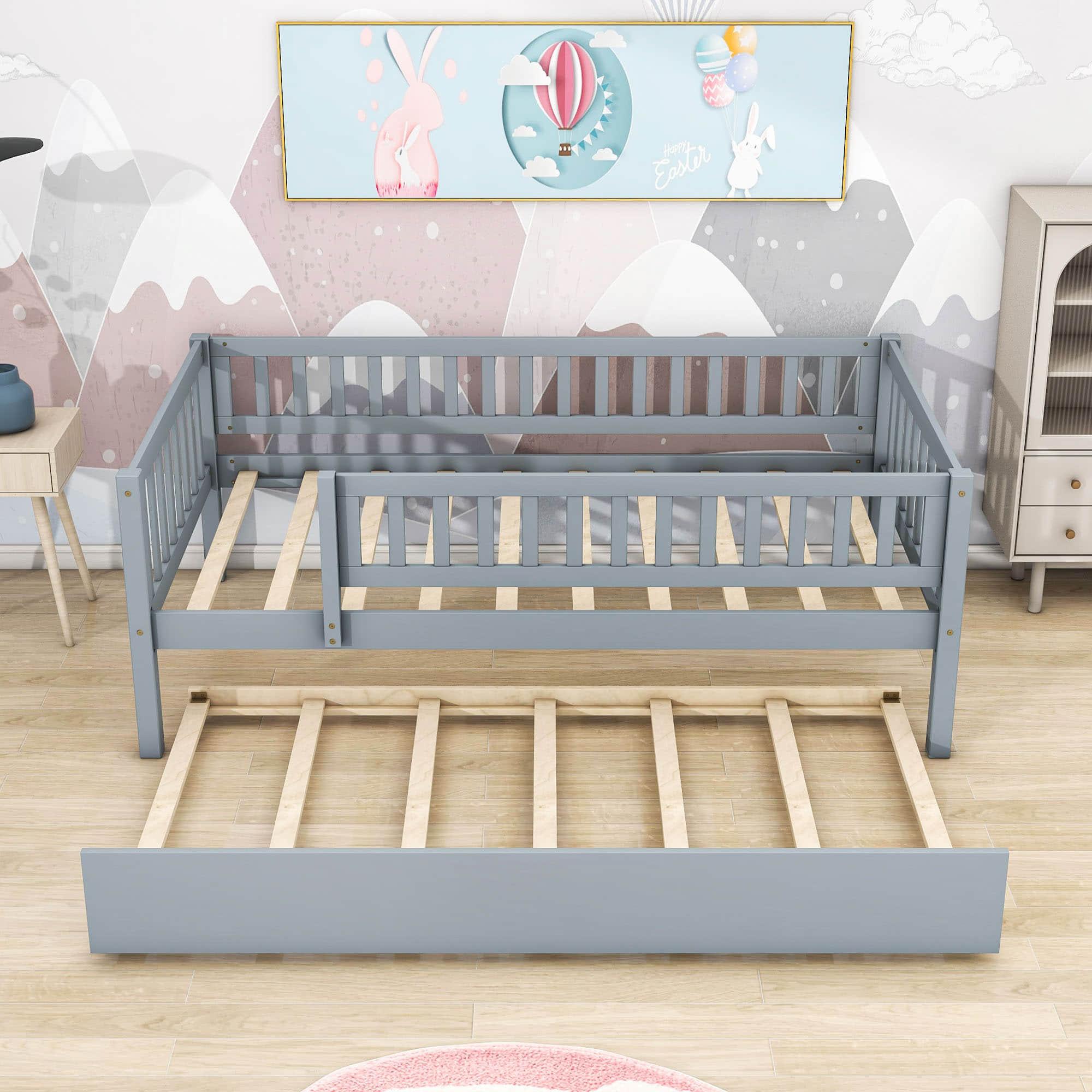 Wooden Twin Low Kids Bed with Twin Size Trundle and Rails