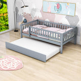 Wooden Twin Low Kids Bed with Twin Size Trundle and Rails