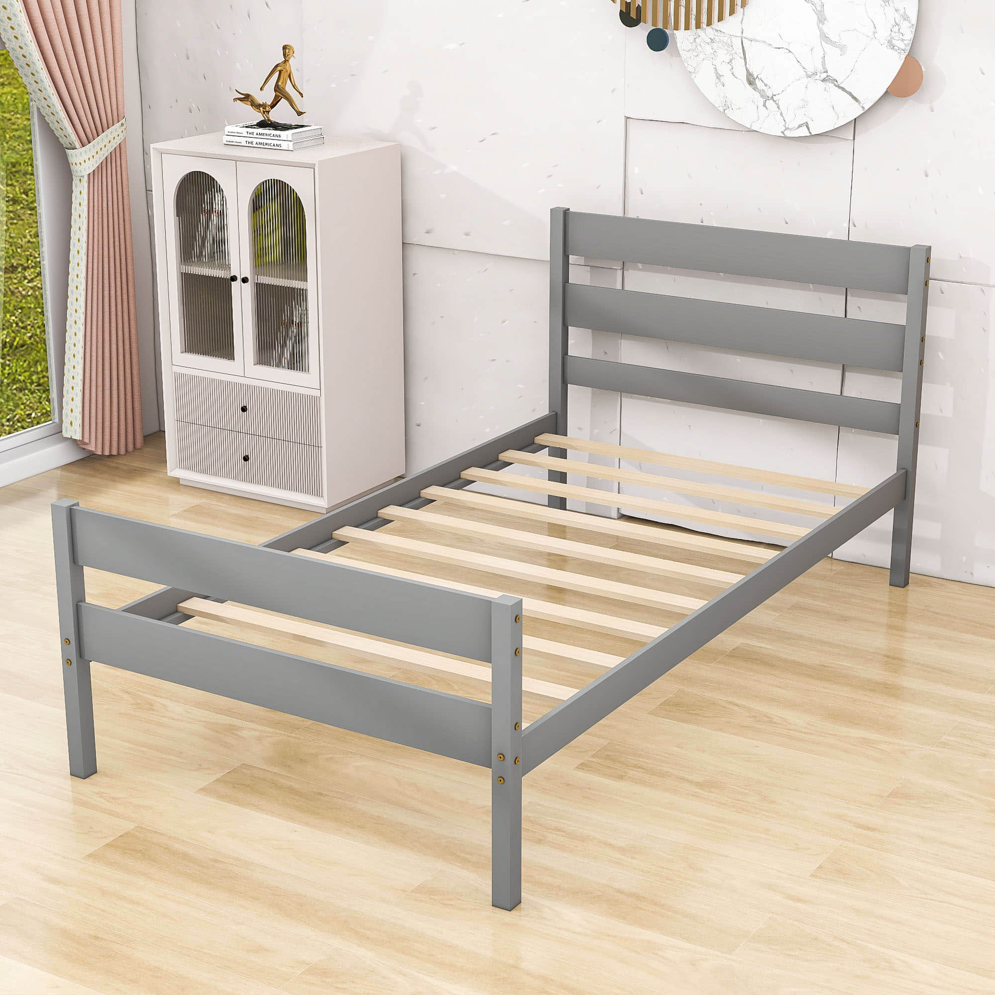 Wooden Twin Bed Frame with Slat Headboard and Footboard