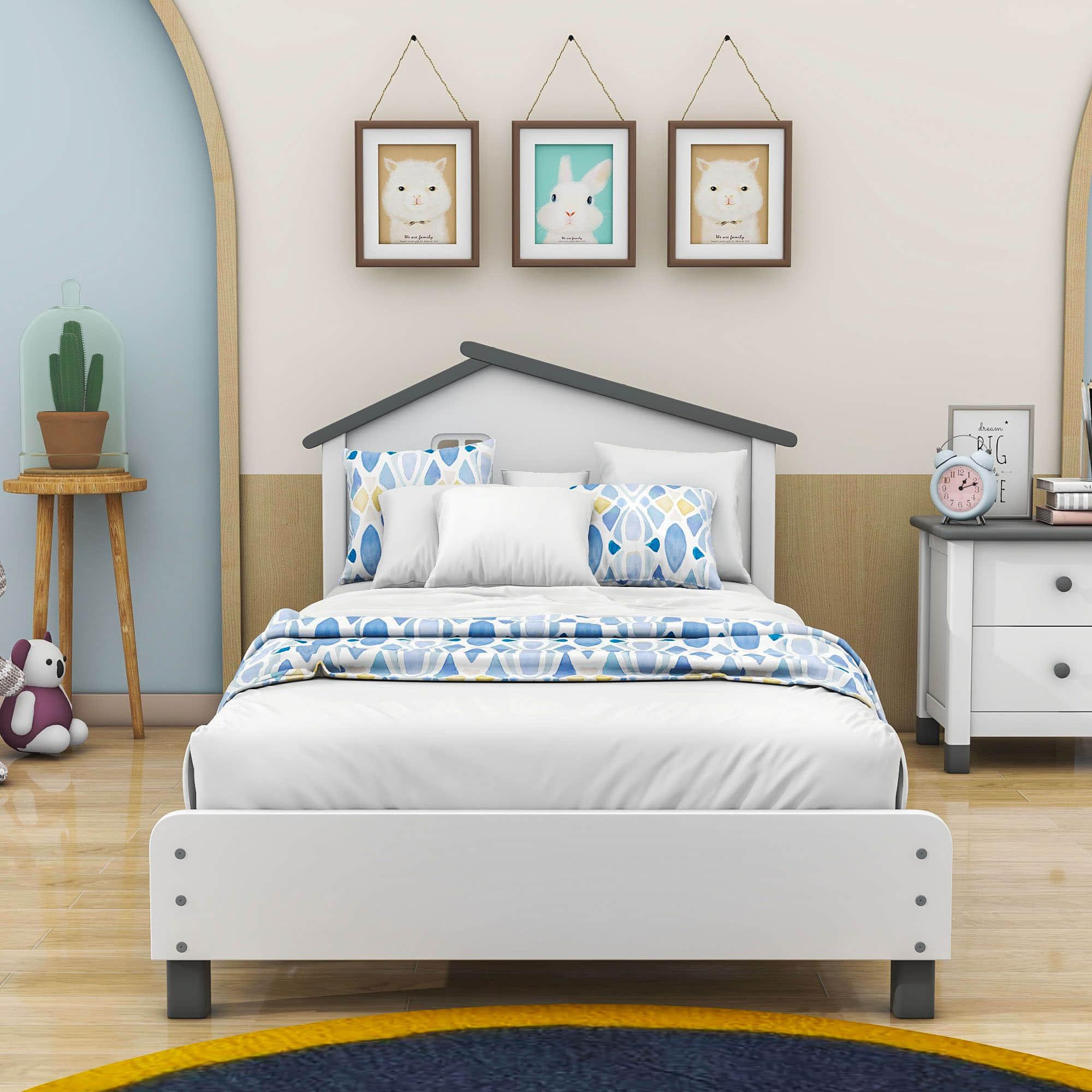 Twin Wood Girls Platform Bed with House-Shaped Headboard