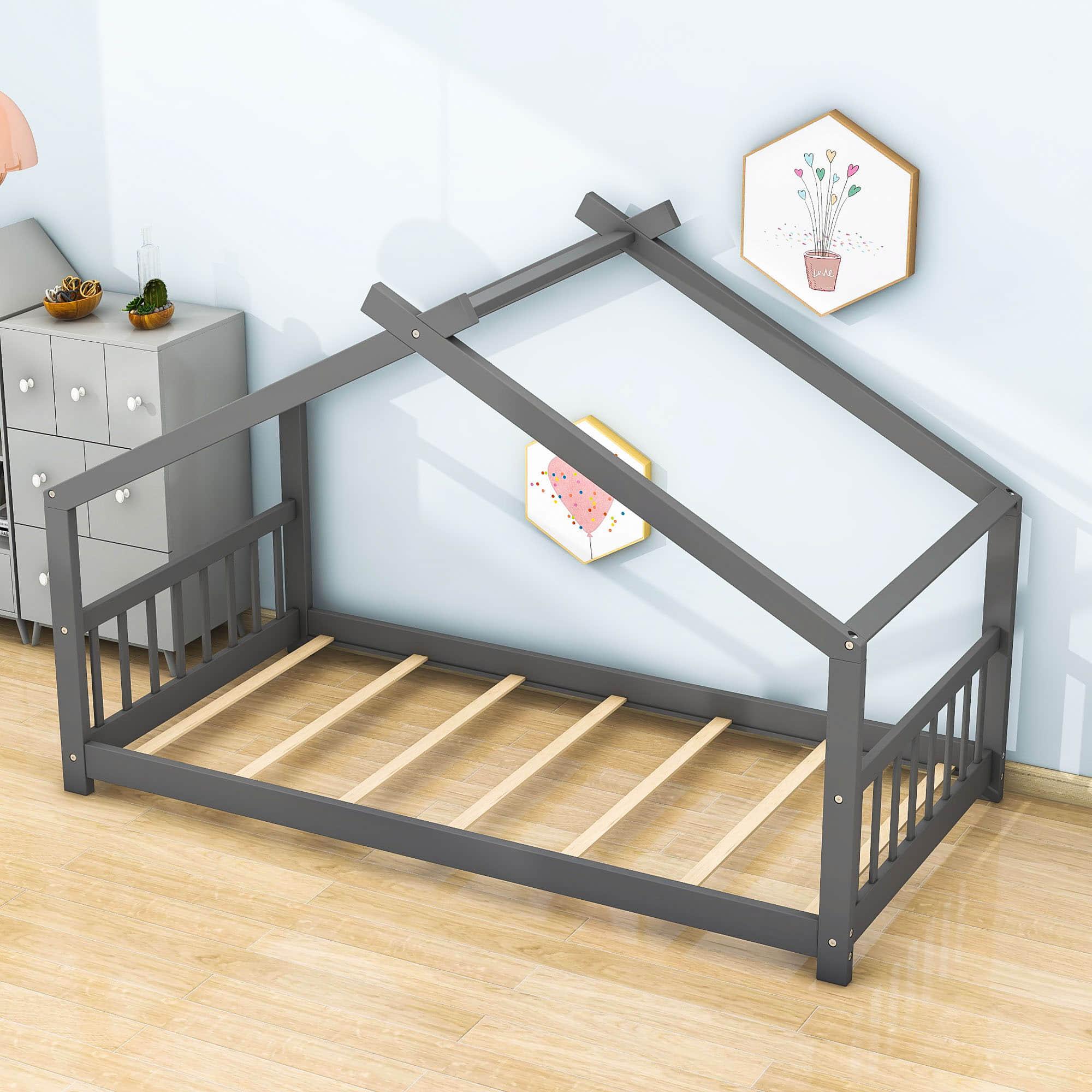 Wooden Twin Low House Bed Frame for Toddler, Kids