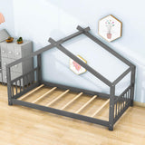 Wooden Twin Low House Bed Frame for Toddler, Kids