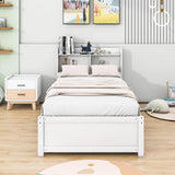 Wooden Twin Platform Bed with Twin Trundle Bed and Storage Headboard - [Shelves]