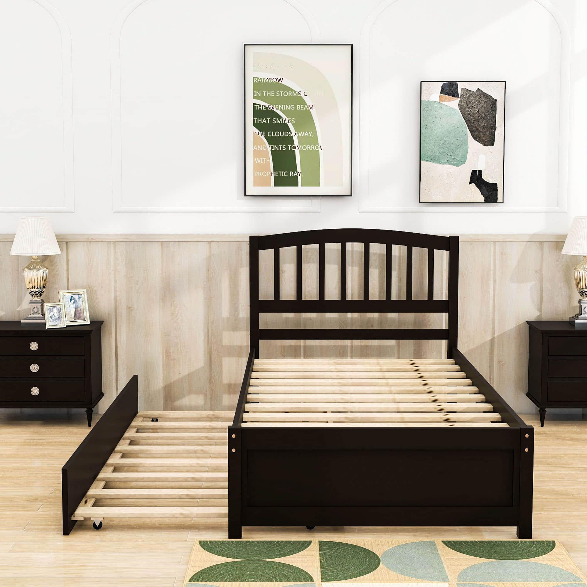 Wooden Twin Platform Bed with Trundle and Headboard