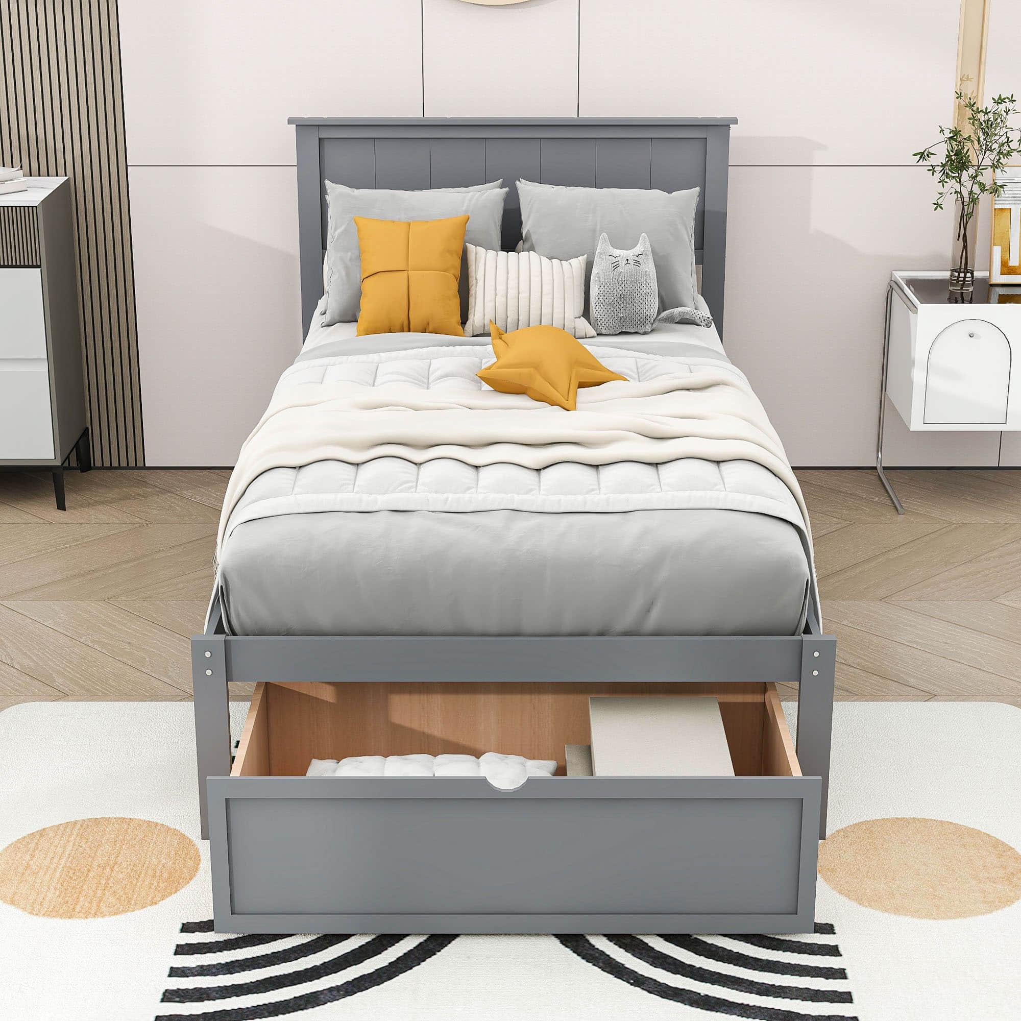 Wooden Twin Size Platform Bed Frame with Under bed Storage - [Drawer]