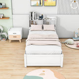 Wooden Twin Platform Bed with Twin Trundle Bed and Storage Headboard - [Shelves]