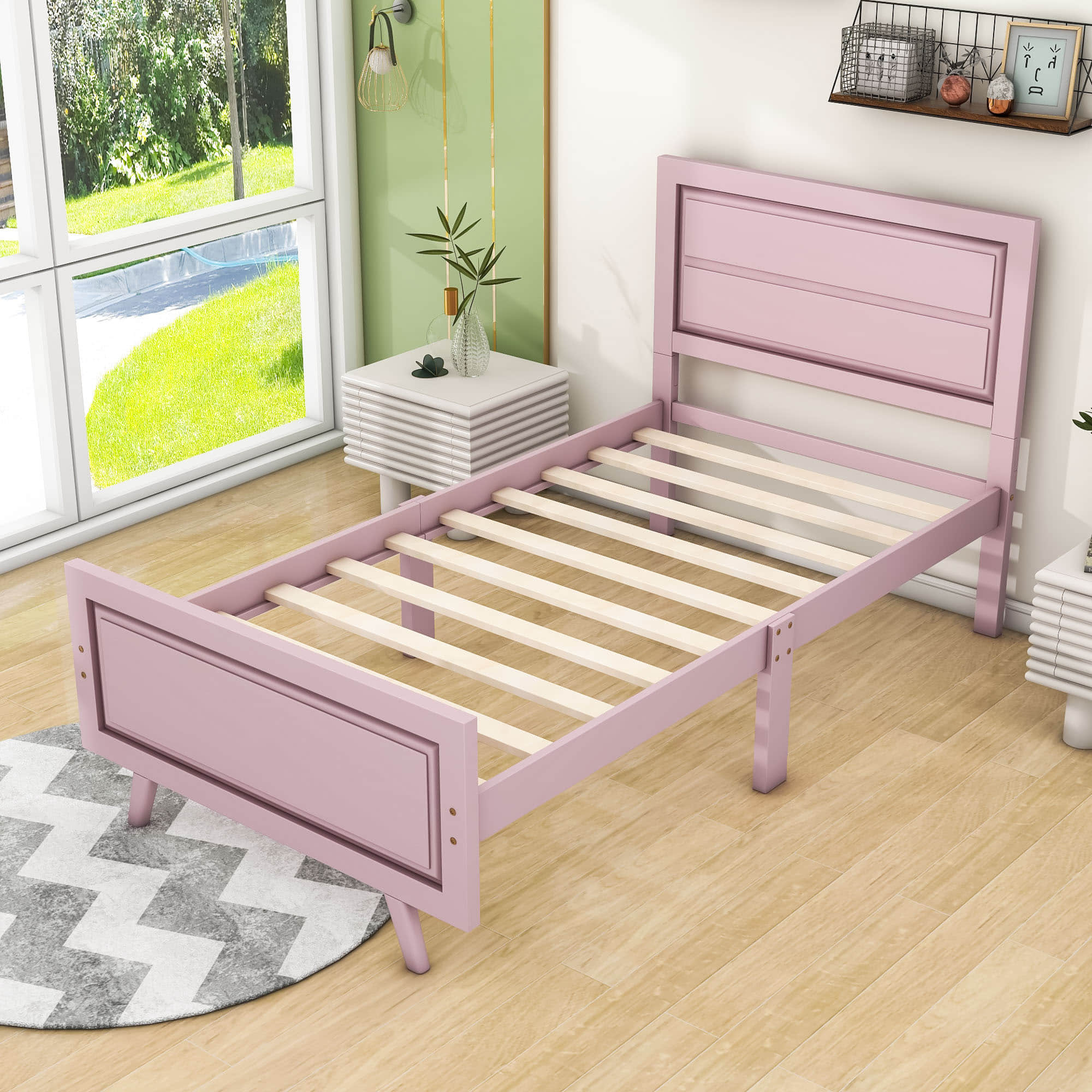 Wood Twin Platform Girls Bed Frame with Headboard and Footboard