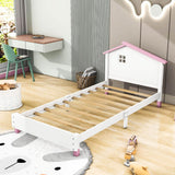 Twin Wood Girls Platform Bed with House-Shaped Headboard