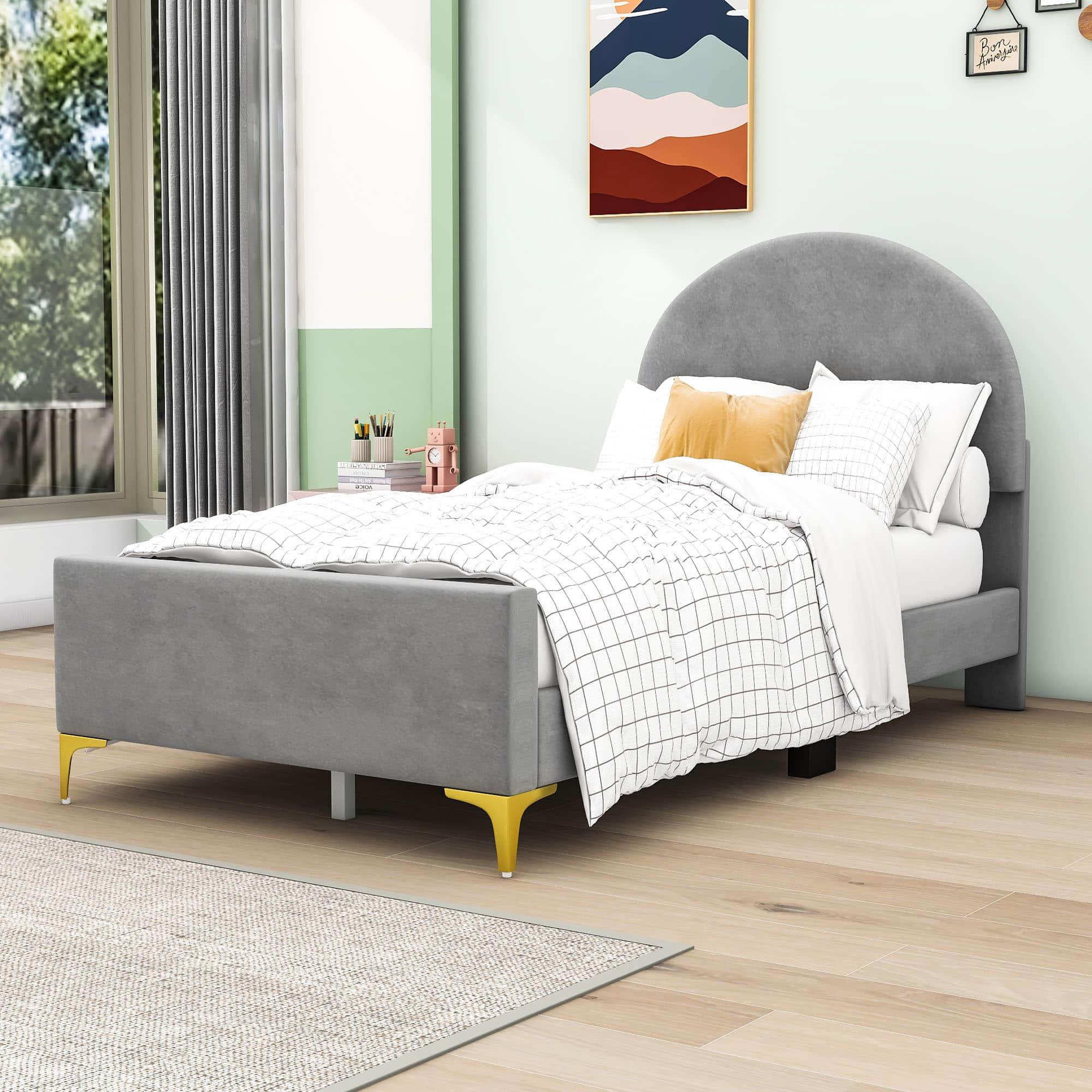 Velvet Upholstered Twin Bed Frame with Headboard for Kids, Adults