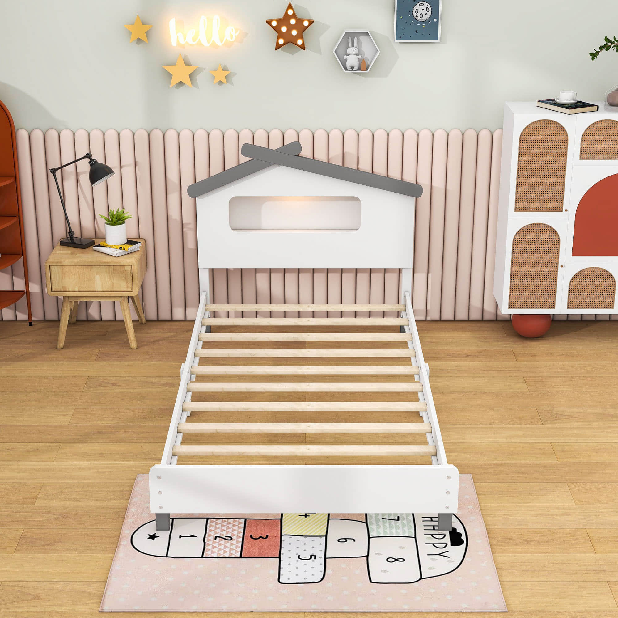 Kids Twin Platform Bed with House-Shaped Headboard and LED Lights