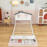 Kids Twin Platform Bed with House-Shaped Headboard and LED Lights