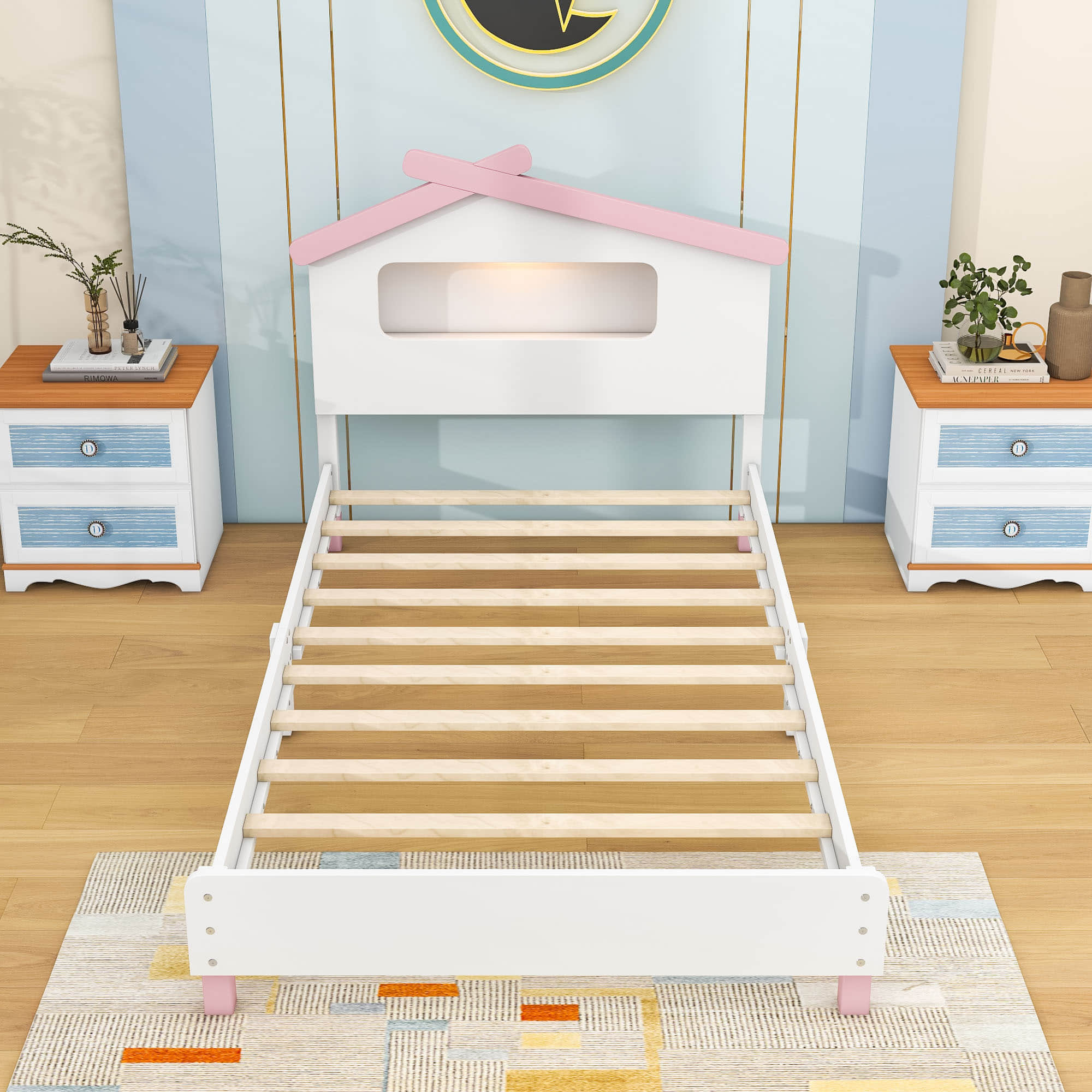 Kids Twin Platform Bed with House-Shaped Headboard and LED Lights