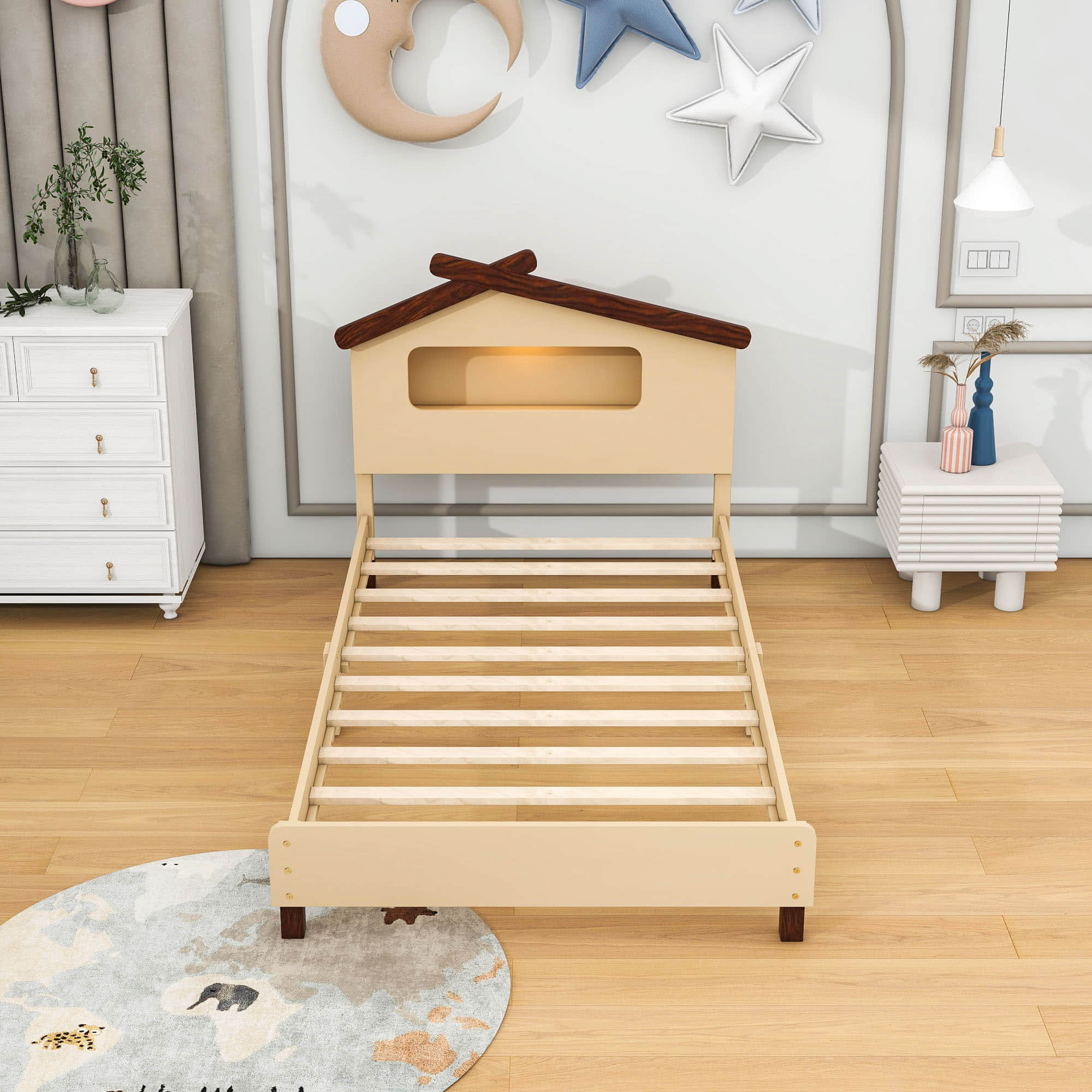 Kids Twin Platform Bed with House-Shaped Headboard and LED Lights