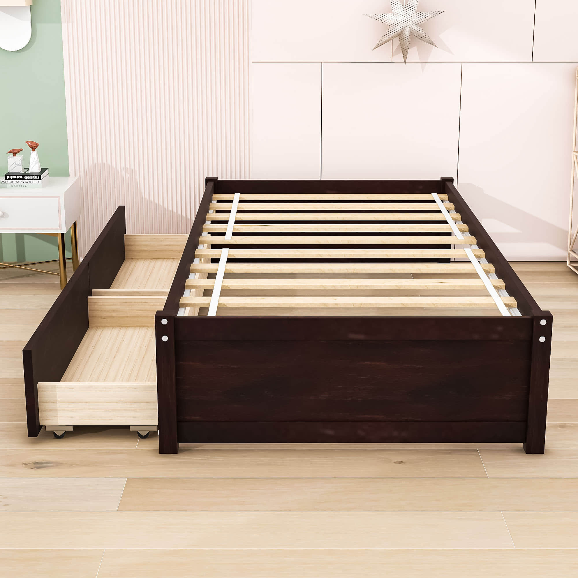 Solid Wood Twin Platform Bed Frame with Storage - [Drawers]