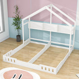 White Double Shared Twin Size House Toddler Floor Bed Frame with Rails