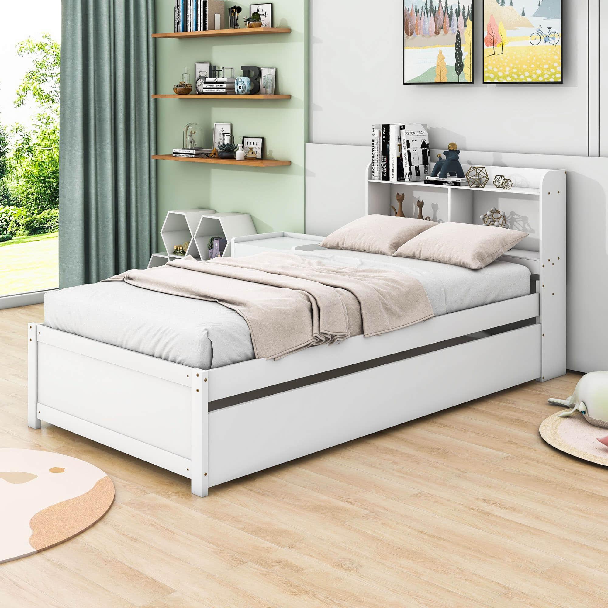 Wooden Twin Platform Bed with Twin Trundle Bed and Storage Headboard - [Shelves]