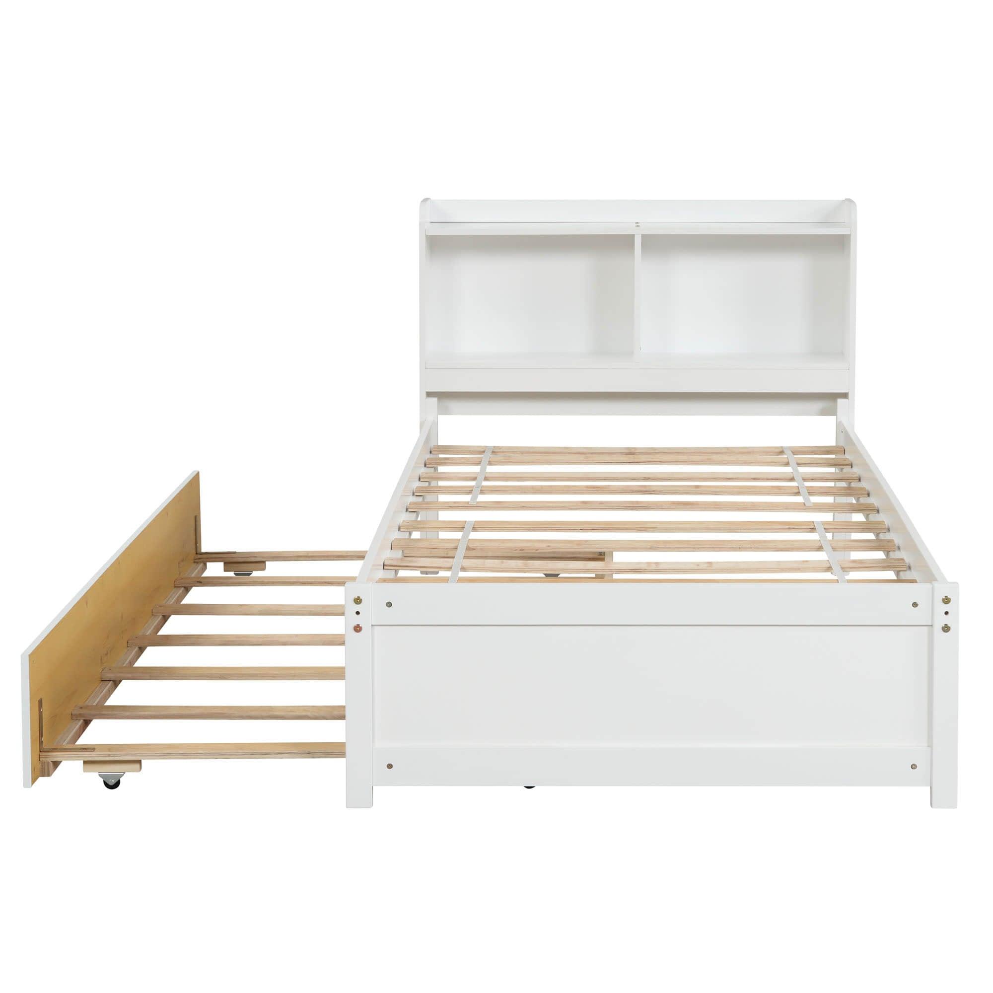 Wooden Twin Platform Bed with Twin Trundle Bed and Storage Headboard - [Shelves]