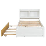 Wooden Twin Platform Bed with Twin Trundle Bed and Storage Headboard - [Shelves]