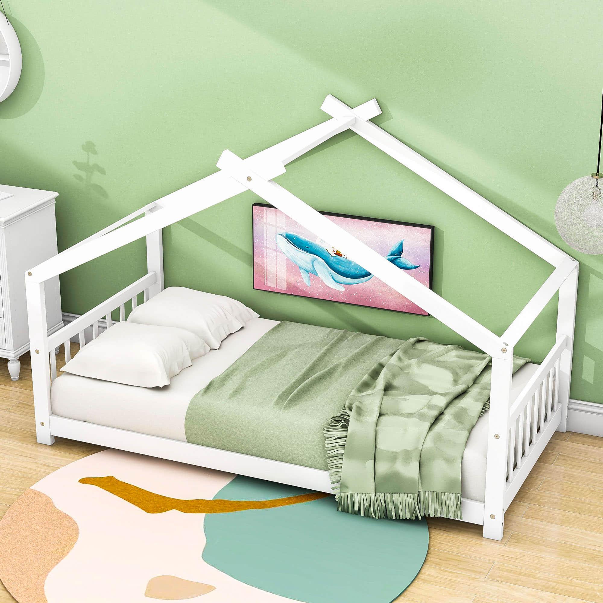 Wooden Twin Low House Bed Frame for Toddler, Kids