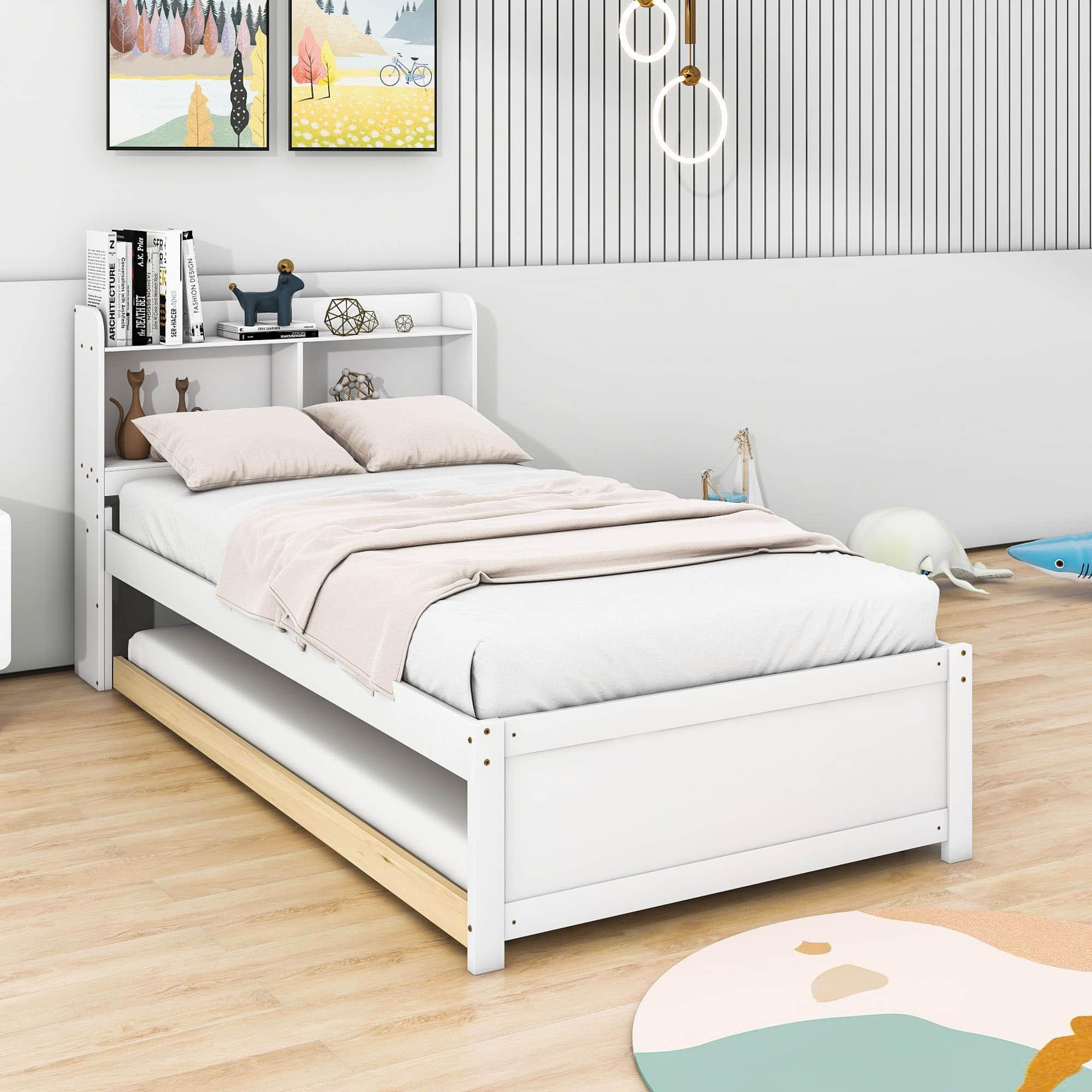 Wooden Twin Platform Bed with Twin Trundle Bed and Storage Headboard - [Shelves]