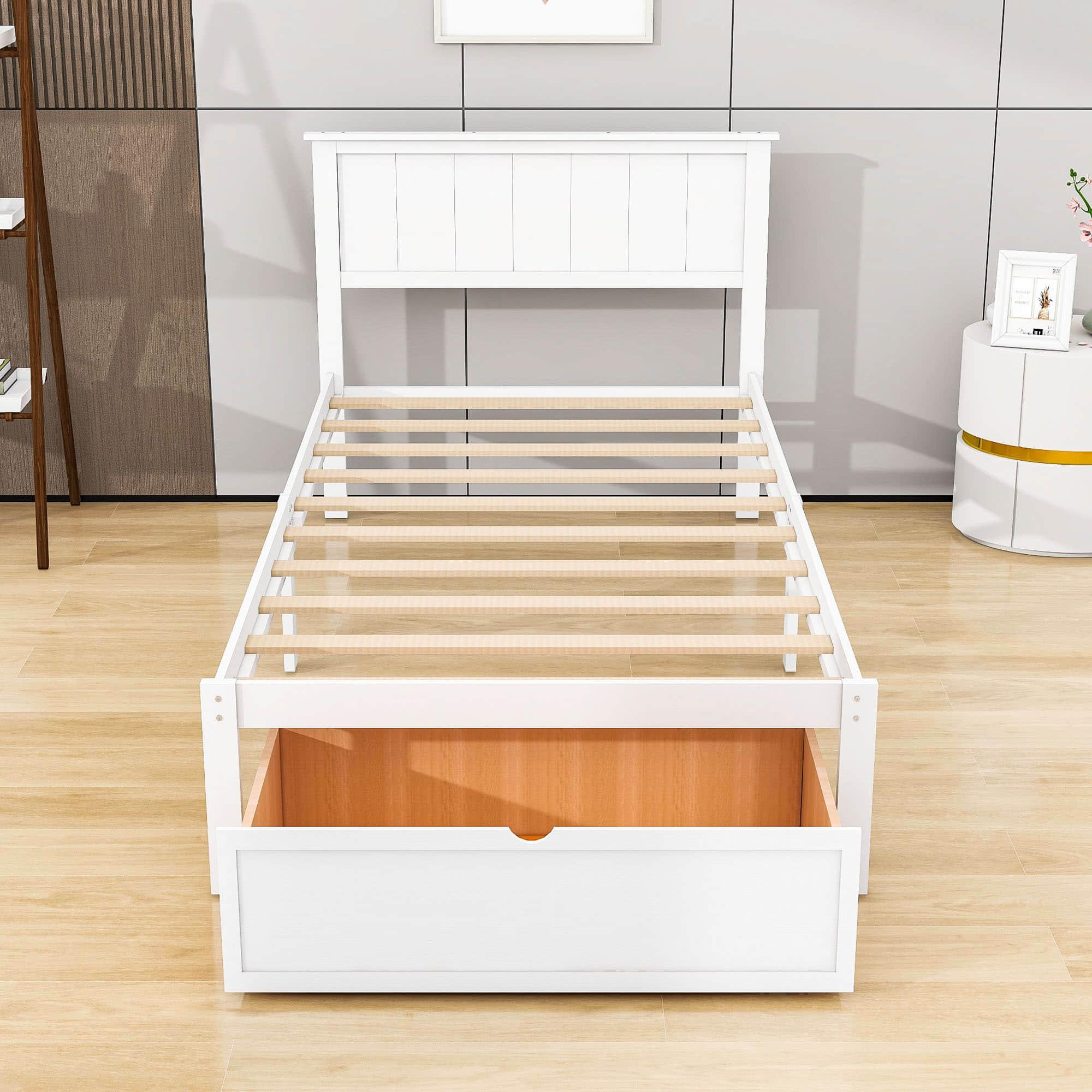 Wooden Twin Size Platform Bed Frame with Under bed Storage - [Drawer]