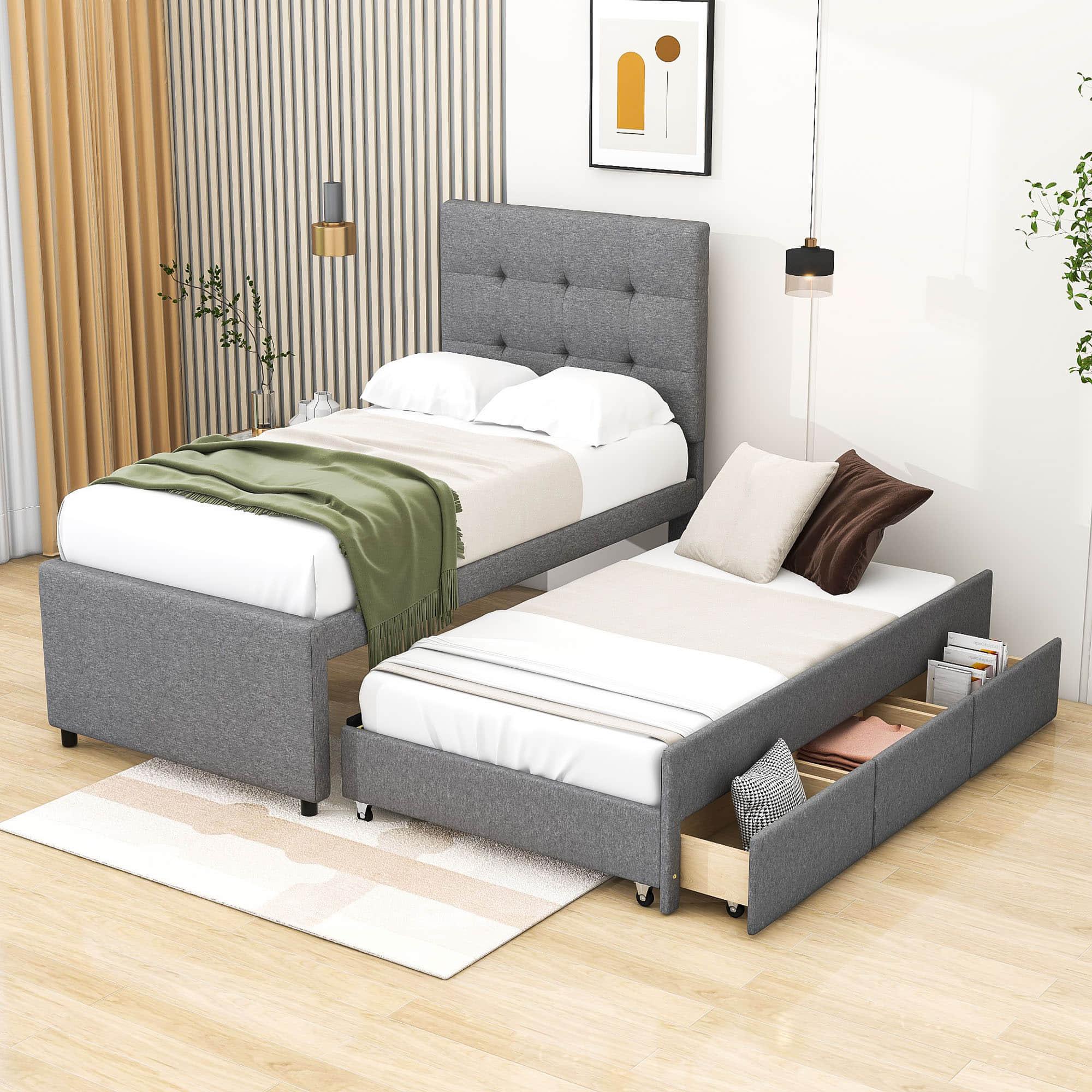 Twin Linen Upholstered Platform Bed Frame with Storage and Trundle