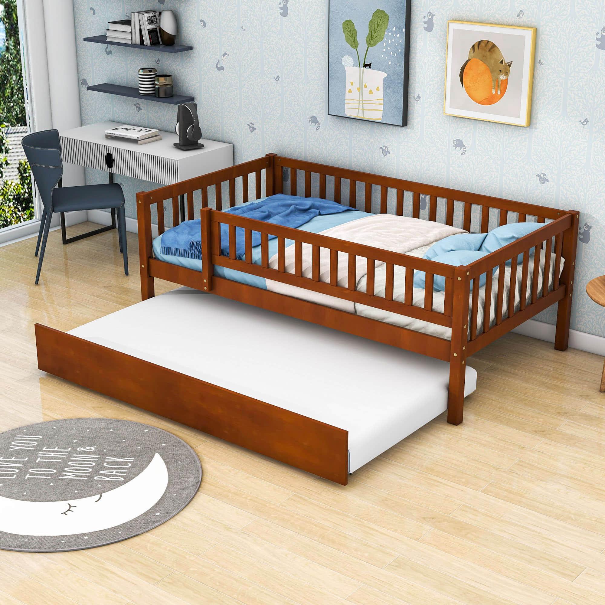 Wooden Twin Low Kids Bed with Twin Size Trundle and Rails