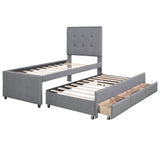 Twin Linen Upholstered Platform Bed Frame with Storage and Trundle