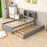 Wooden Twin Platform Bed with Twin Trundle Bed and Storage Headboard - [Shelves]