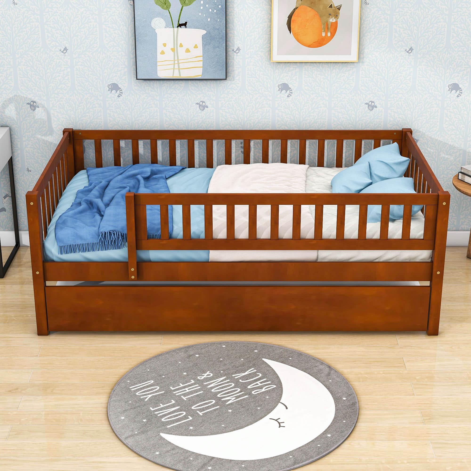 Wooden Twin Low Kids Bed with Twin Size Trundle and Rails