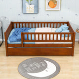 Wooden Twin Low Kids Bed with Twin Size Trundle and Rails