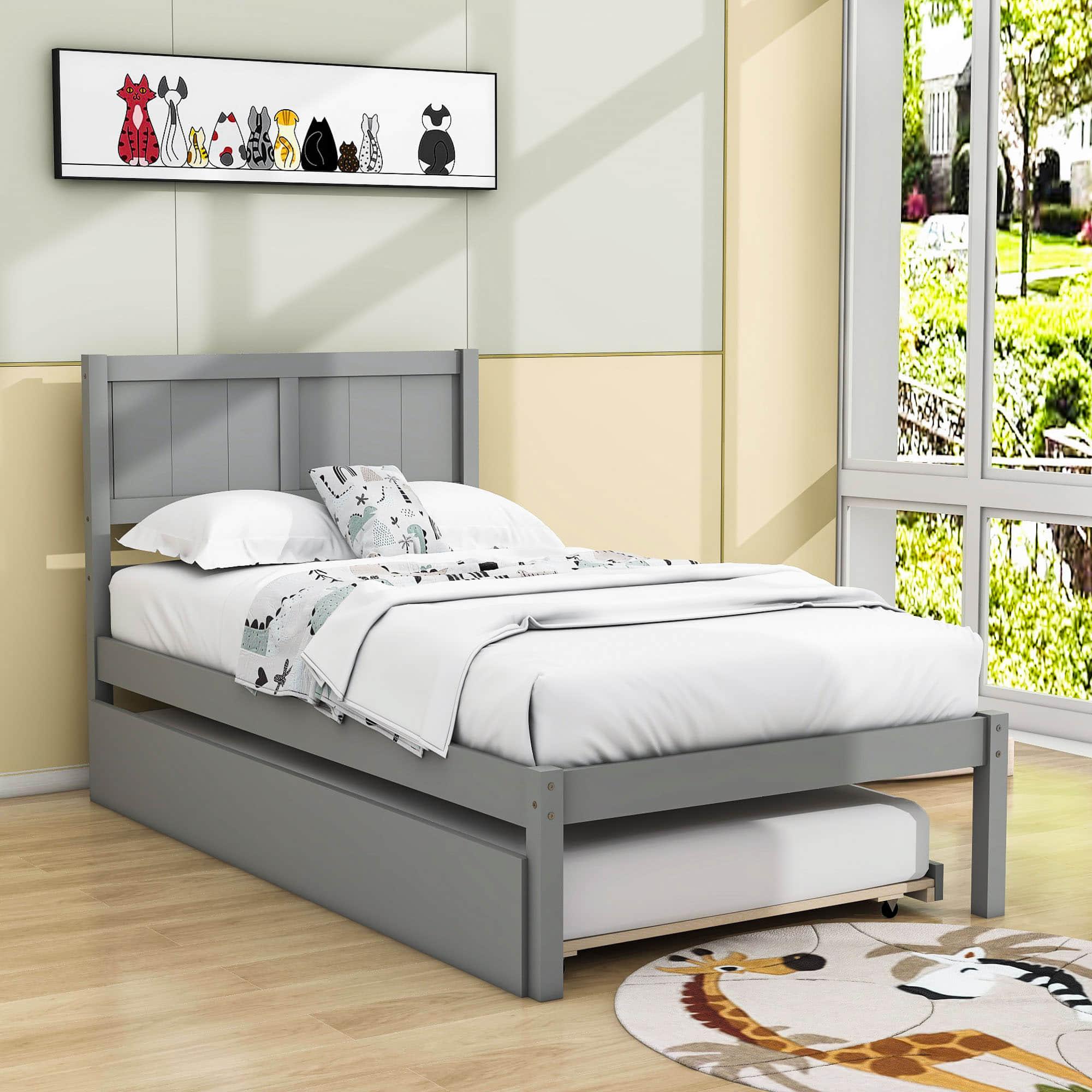 Wooden Twin Platform Bed with Twin Trundle and Headboard