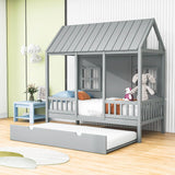 Wooden Twin House Kids Bed with Twin Trundle Bed and Rails