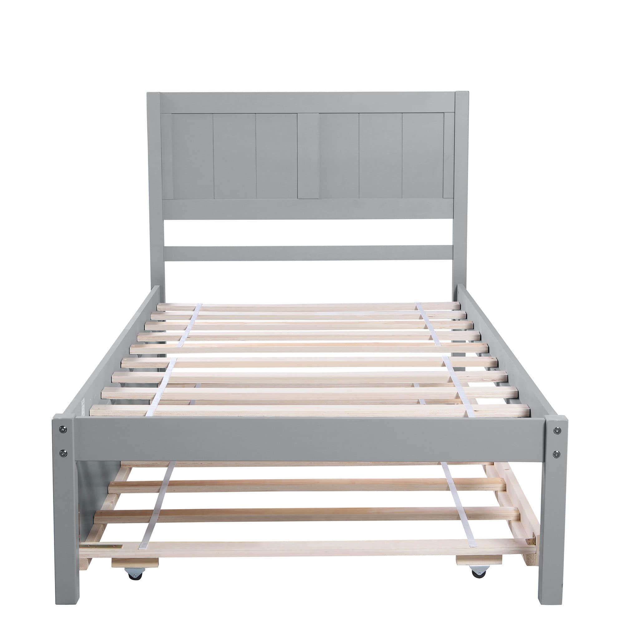 Wooden Twin Platform Bed with Twin Trundle and Headboard