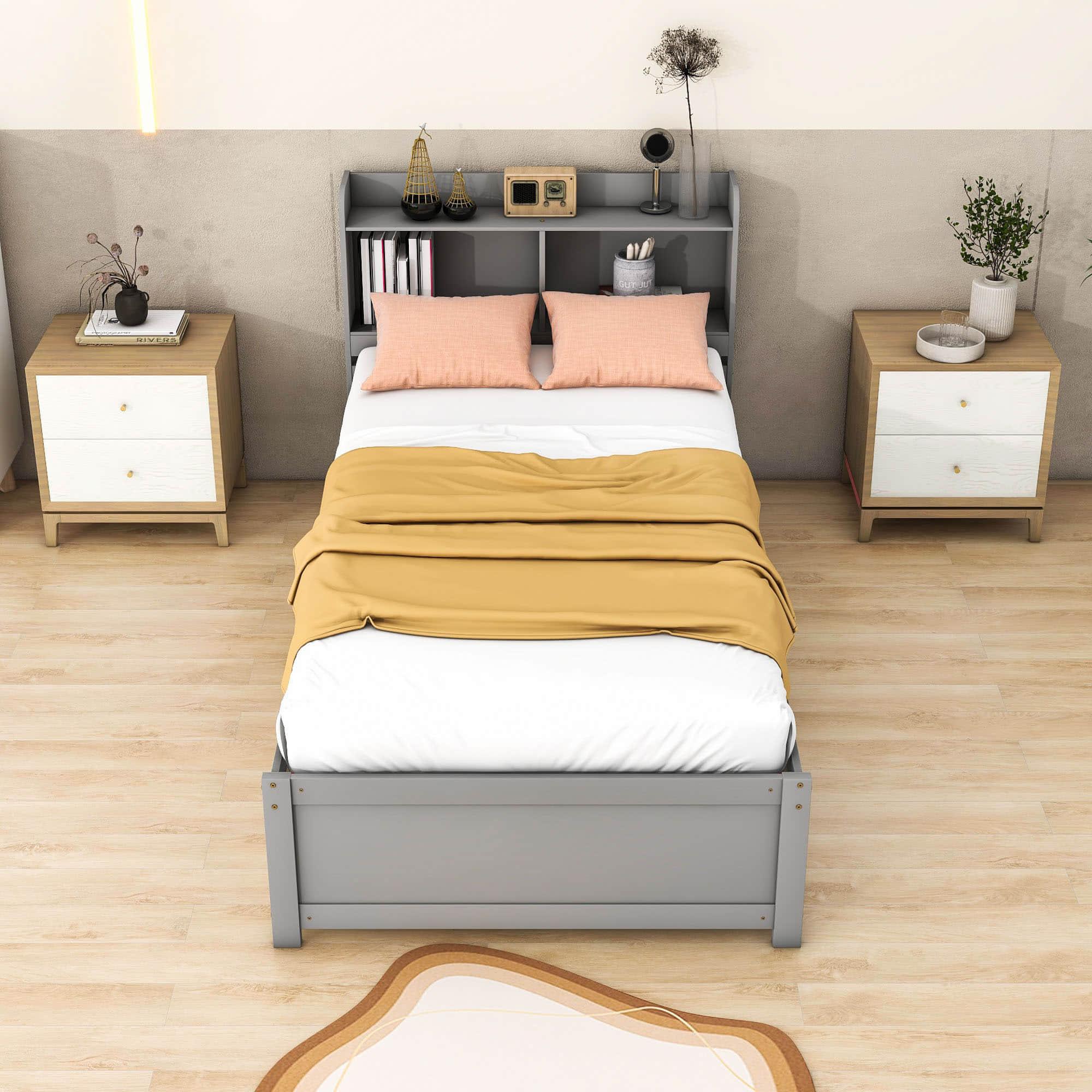 Wooden Twin Platform Bed with Twin Trundle Bed and Storage Headboard - [Shelves]