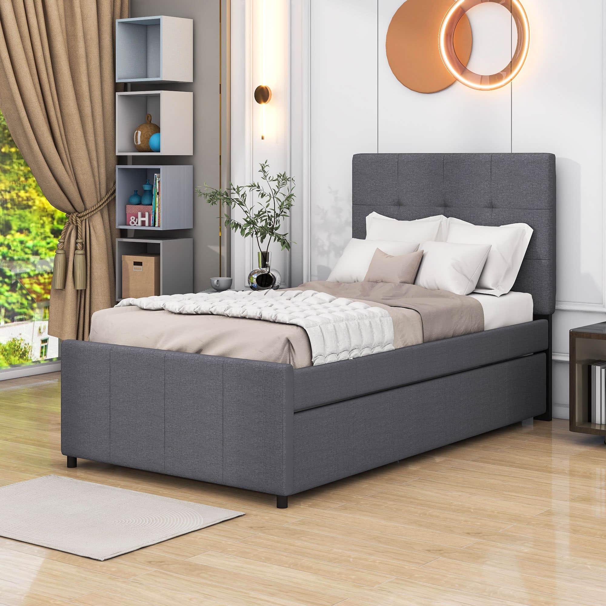 Twin Upholstered Platform Bed with Headboard and Trundle - [Linen]