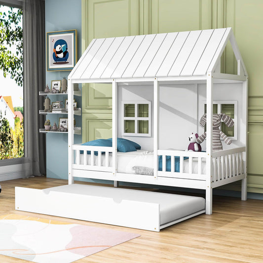 Wooden Twin House Kids Bed with Twin Trundle Bed and Rails